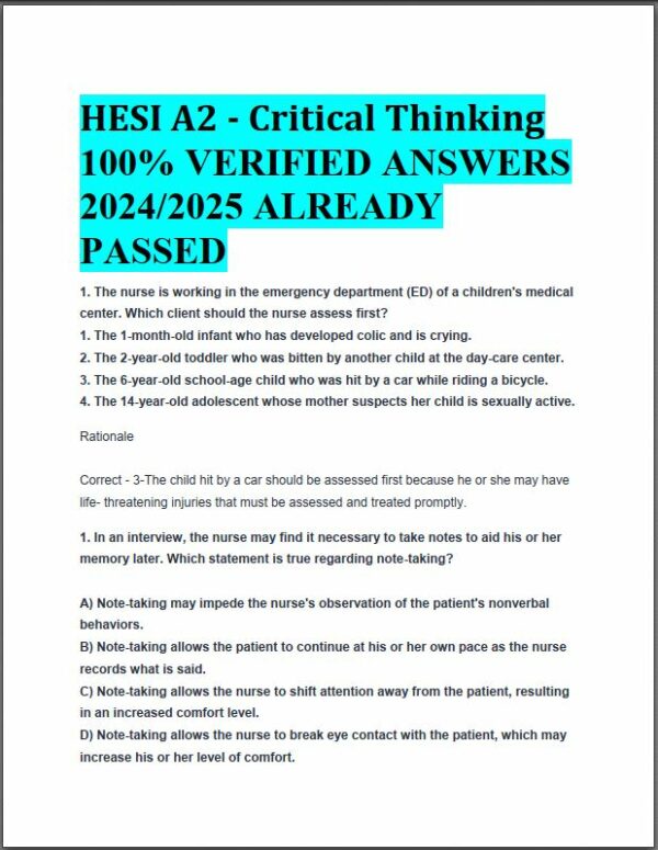 2024-2025 HESI A2 Critical Thinking with Answers (124 Solved Questions)