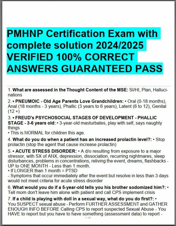 2023-2024 PMHNP Certification Exam with Answers (479 Solved Questions)