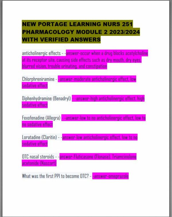 2023-2024 New Portage Learning NURS251 Pharmacology Module 2 with Answers (51 Solved Questions)