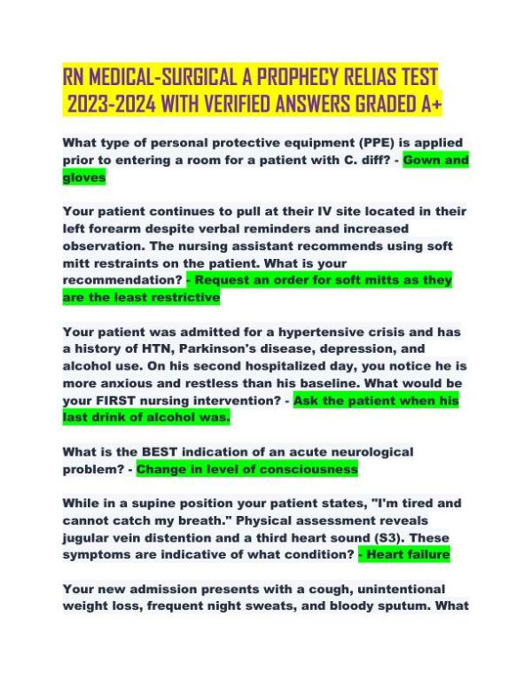 2023-2024 RN Medical Surgical Nursing A Prophecy Relias Test With Answers (100 Solved Questions)