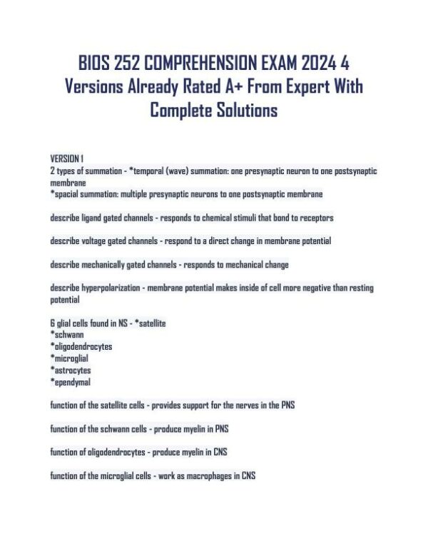 2024 BIOS252 Biology Comprehension Exam With Answers (133 Solved Questions)