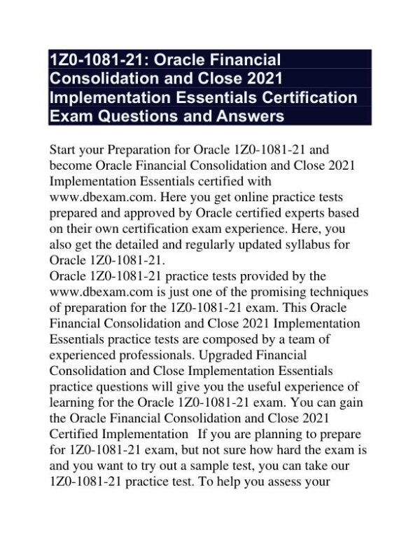 2021 1Z0-1081 Oracle Financial Consolidation and Close Implementation Essentials Certification Exam With Answers (10 Solved Questions)