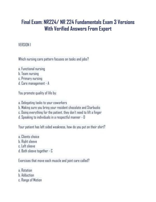 NR224 Fundamentals of Nursing Final Exam With Answers (211 Solved Questions)