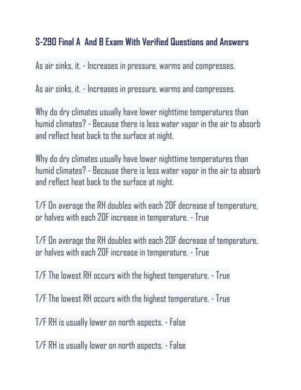 S290 Final A and B Practice Exam With Answers (224 Solved Questions)