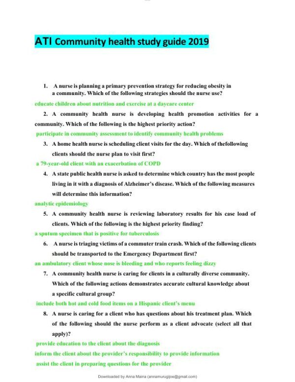 2019 ATI Community Health Study Guide Practice Exam With Answers (106 Solved Questions)