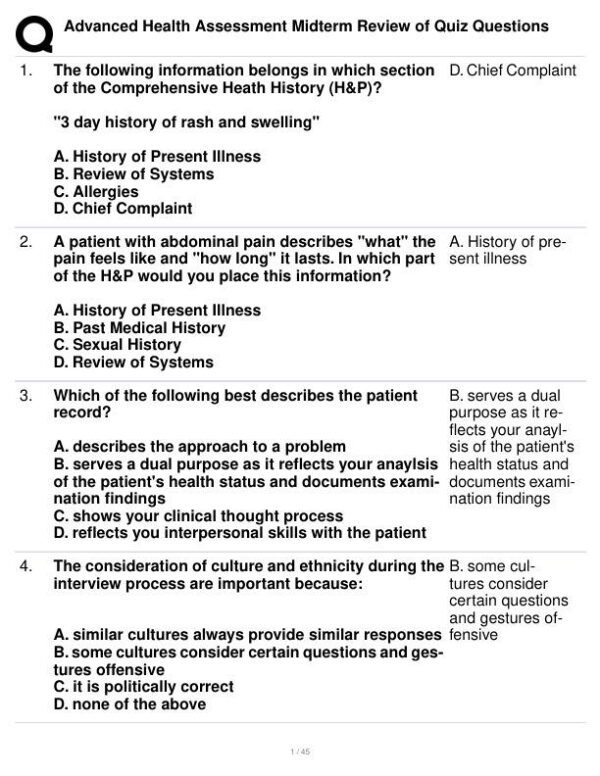 Health Assessment Midterm Review Exam With Answers (107 Solved Questions)