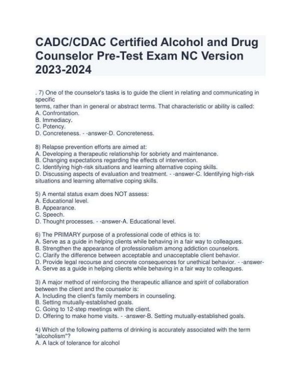 2023-2024 CADC/CDAC Certified Alcohol and Drug Counselor Pre-Test Exam With Answers (199 Solved Questions)