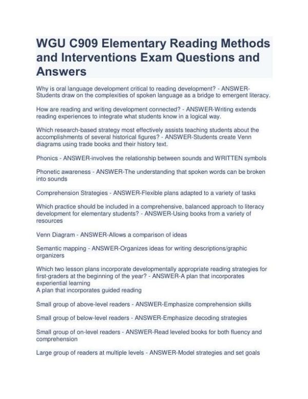 WGU C909 Elementary Reading Methods and Interventions Practice Exam With Answers (40 Solved Questions)