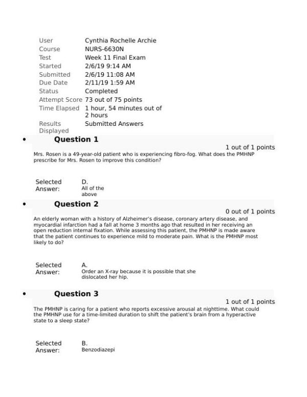 2019 NURS-6630N Nursing Diagnosis Week 11 Final Exam With Answers (76 Solved Questions)