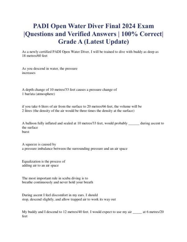 2024 PADI  Final Exam With Answers (120 Solved Questions)