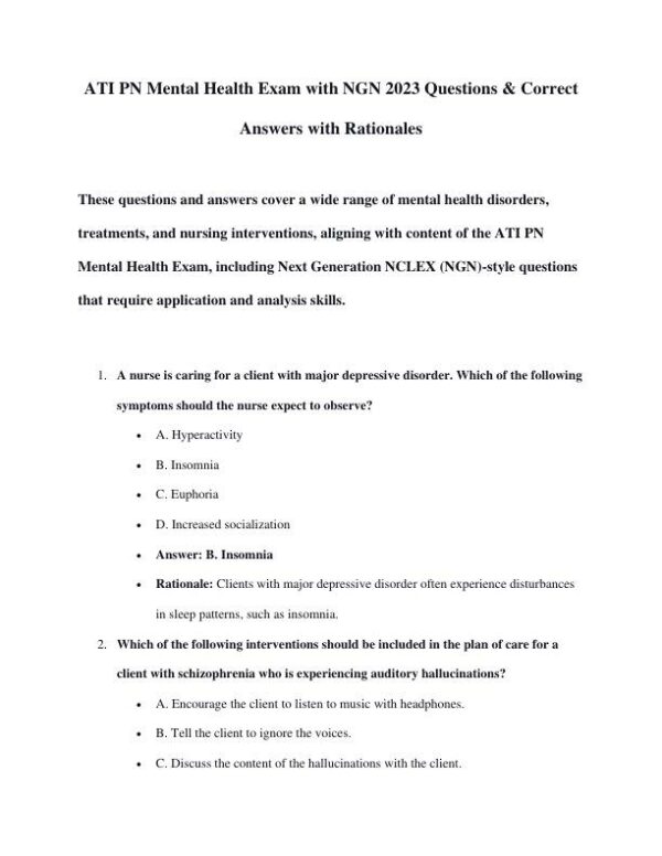 2023 ATI PN Mental Health Practice Exam With Answers (43 Solved Questions)