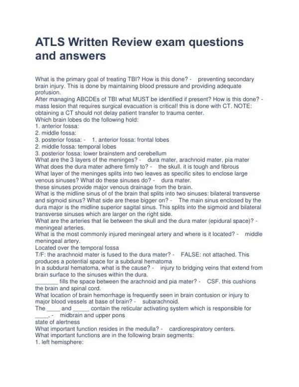 ATLS Critical Care Written Review exam With Answers (134 Solved Questions)