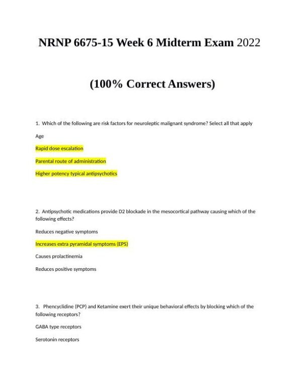 2022 NRNP6675-15 Nursing Diagnosis Midterm Week 6 Exam With Answers (97 Solved Questions)