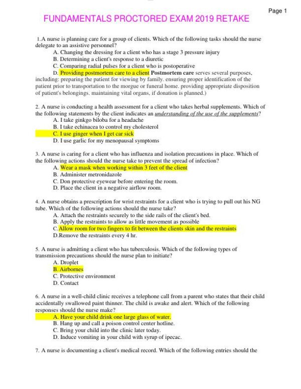 2019 ATI Fundamentals of Nursing Proctored Exam With Answers (37 Solved Questions)