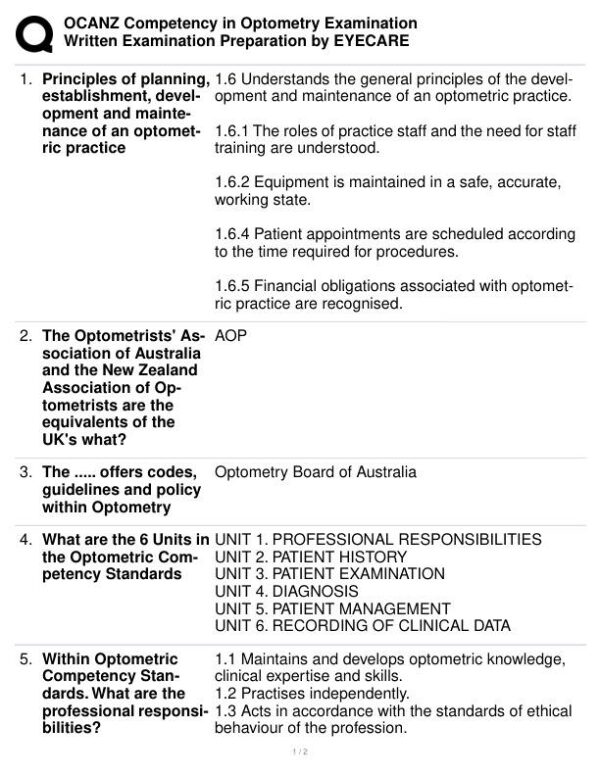 OCANZ Healthcare Assessment Optometry Exam With Answers (7 Solved Questions)