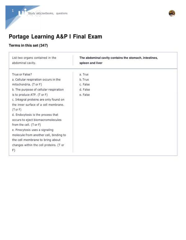 Portage Learning Anatomy and Physiology Final Exam With Answers (142 Solved Questions)