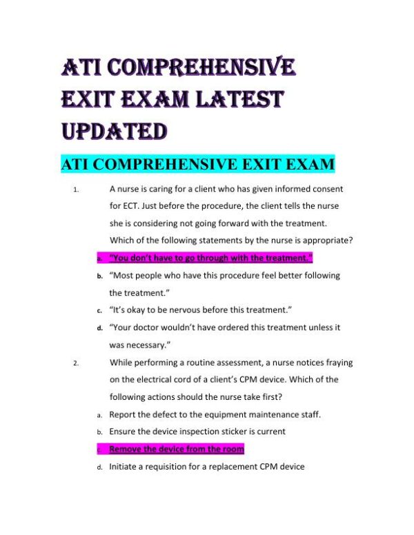 ATI Mental Health Comprehensive Exit Exam With Answers (179 Solved Questions)