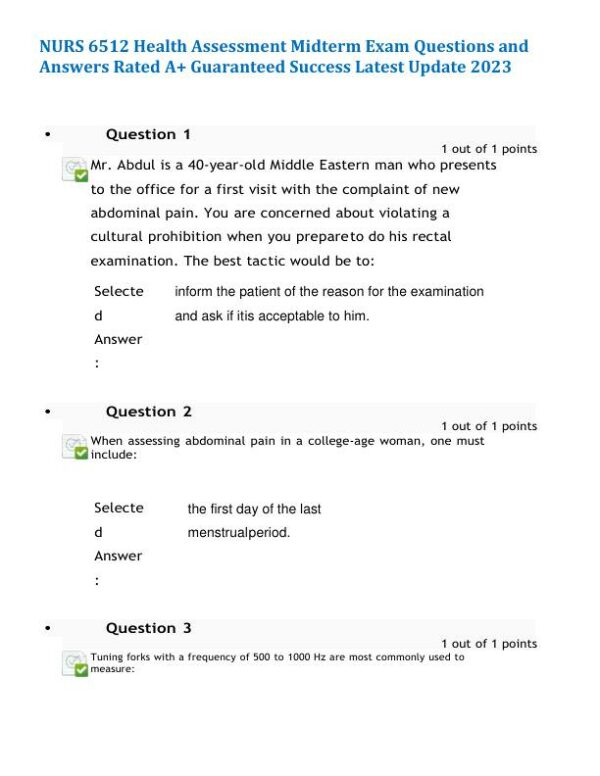 2023 NURS6512 Health Assessment Midterm Exam With Answers (100 Solved Questions)