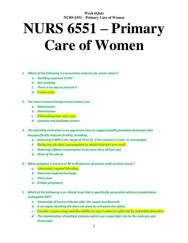 NURS6551 Primary Care of Women Week 6 Quiz Exam With Answers (10 Solved Questions)