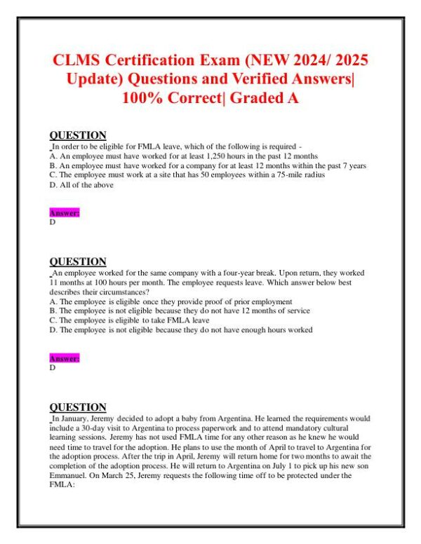 2024-2025 CLMS Human Resource Management Practice Exam With Answers (65 Solved Questions)