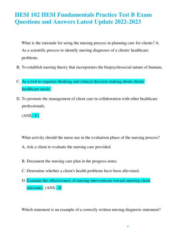 2022-2023 HESI Fundamentals of Nursing Practice Exam With Answers (163 Solved Questions)