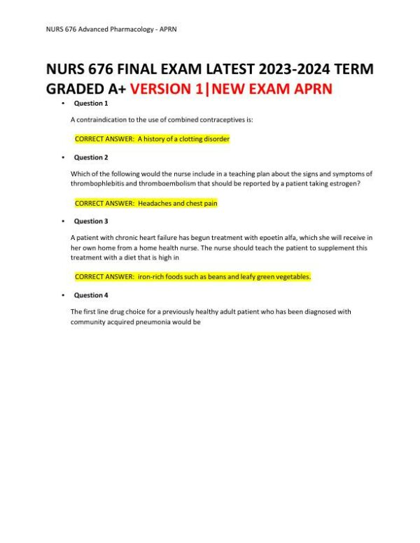 2023-2024 NURS676 Pharmacology Final Exam With Answers (101 Solved Questions)