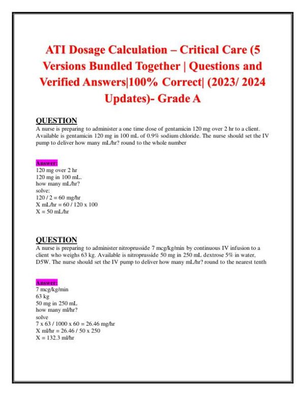 2023-2024 ATI Pharmacology Practice Exam With Answers (120 Solved Questions)