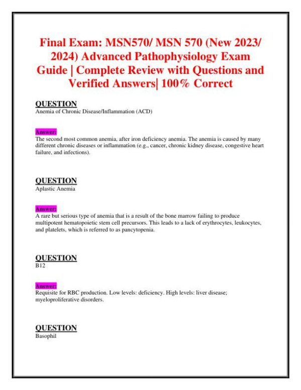 2023-2024 MSN570 Pathophysiology Final Exam With Answers (113 Solved Questions)