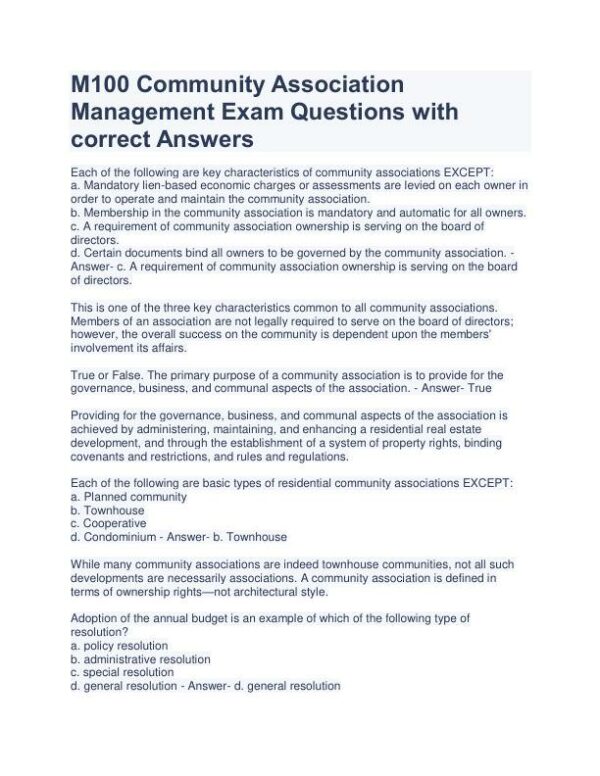 Community Association Management M100 Courses Exam With Answers (363 Solved Questions)