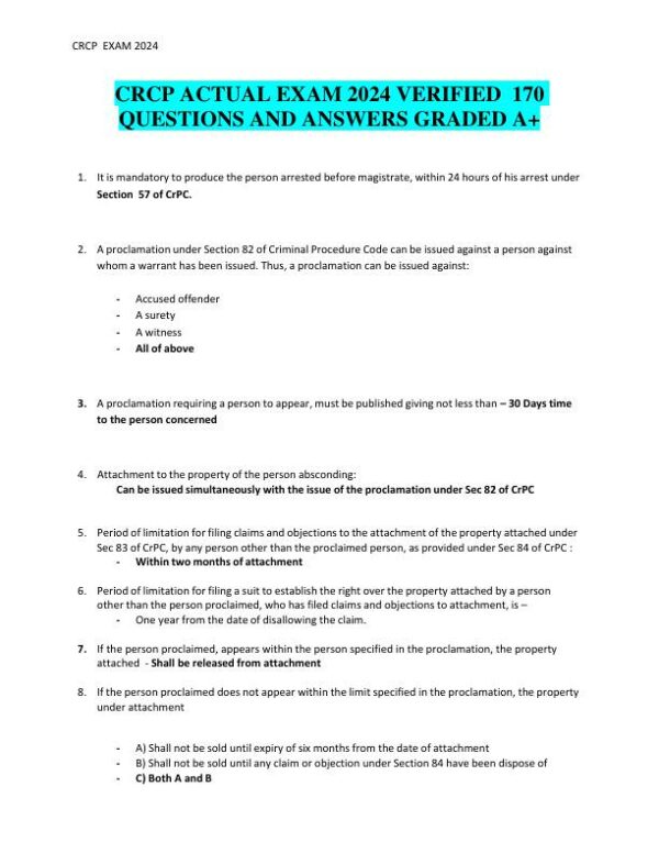 2024 CRCP Criminal Law Actual Exam With Answers (170 Solved Questions)