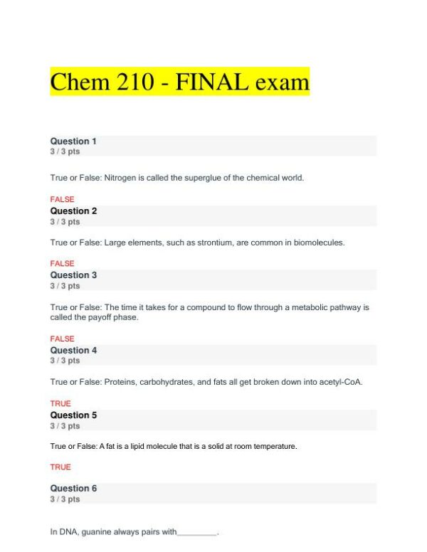 Portage Learning Chemistry Final Exam With Answers (30 Solved Questions)