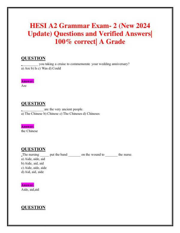 2024 HESI Grammar A2 Grammar Exam-2 With Answers (156 Solved Questions)