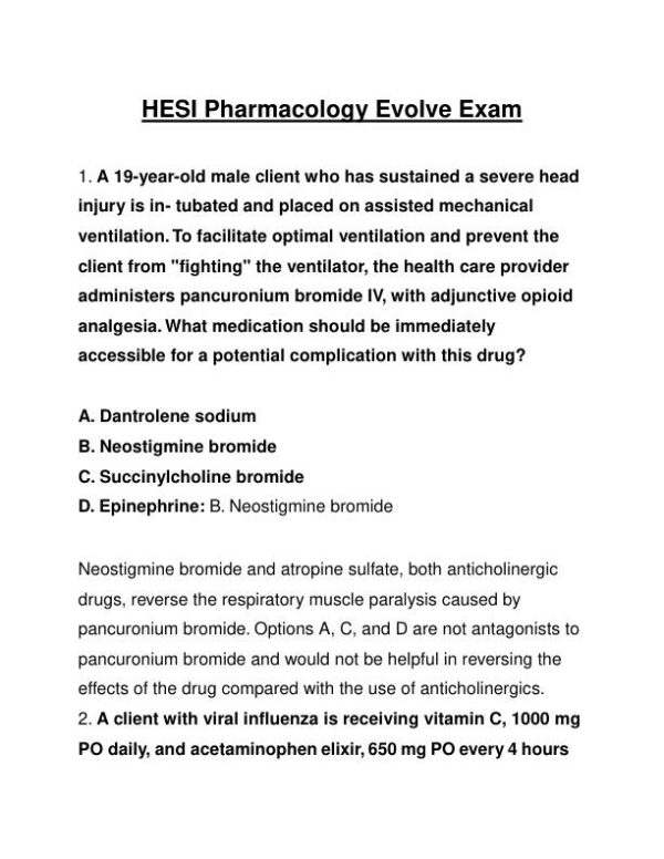 HESI Pharmacology Evolve Exam With Answers (125 Solved Questions)