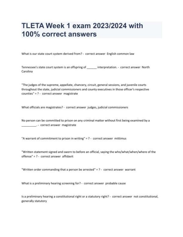 2023-2024 TLETA Law Week 1 Exam With Answers (229 Solved Questions)