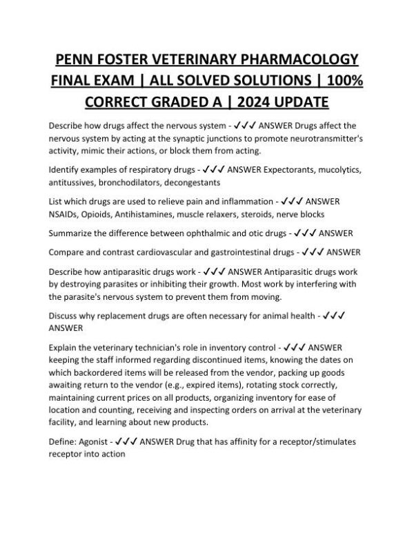 2024 PENN FOSTER VETERINARY Pharmacology Final Exam With Answers (492 Solved Questions)