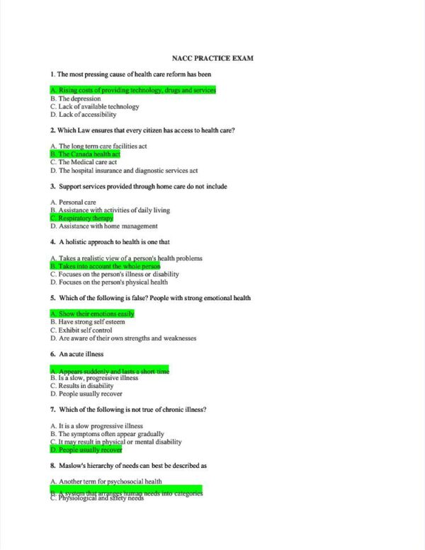 NACC Health Care Assessment Practice Exam With Answers (485 Solved Questions)