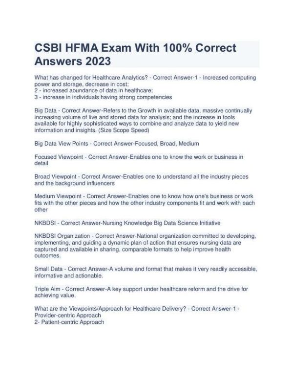 2023 CSBI Health Care Assessment HFMA Exam With Answers (141 Solved Questions)