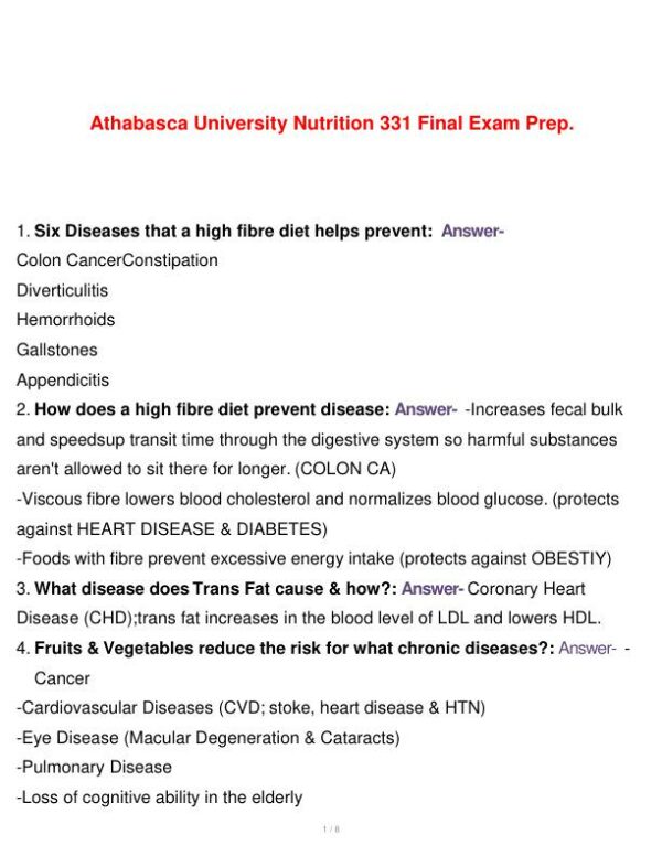 Athabasca University Nutrition 331 Nursing Diagnosis Final Exam With Answers (73 Solved Questions)